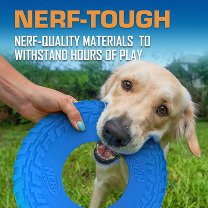 Nerf Dog Tire Flyer Outdoor Dog Toy, 10 Inch Flying Disc Dog Fetch Toy, Rubber Dog Toy for Medium Dogs and Large Dogs, Blue (Pack of 2)
