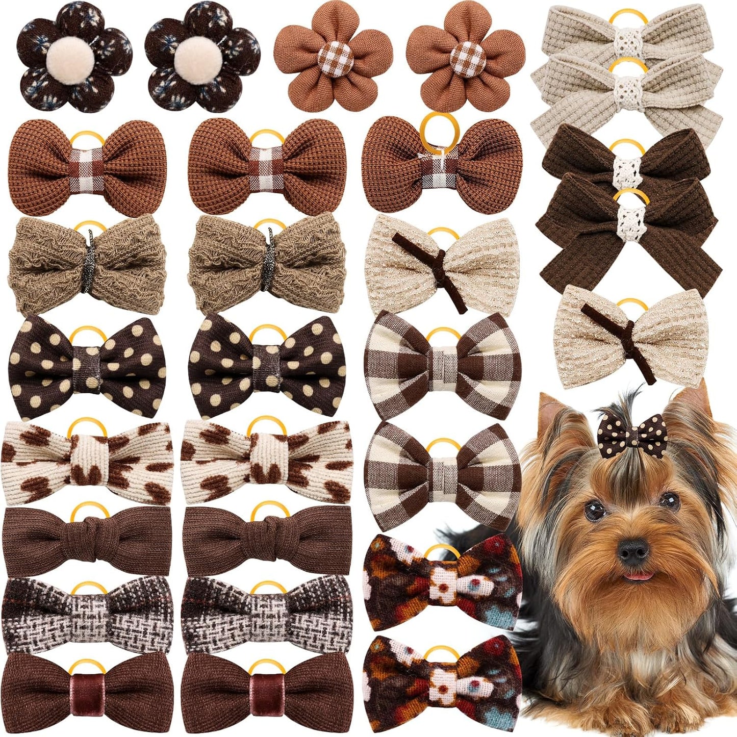 20pc Brown Small Dog Hair Bows - Mix Holiday Dog Hair Bows for Yorkie Puppies, Top Knot for Daily Use