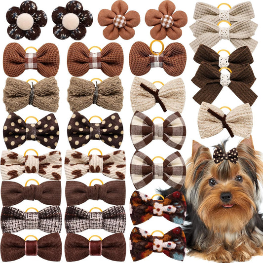 20pc Brown Small Dog Hair Bows - Mix Holiday Dog Hair Bows for Yorkie Puppies, Top Knot for Daily Use