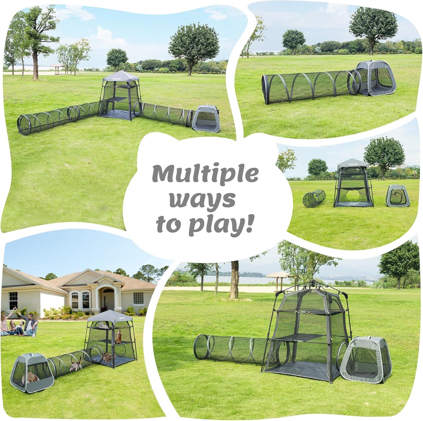 Catio Outdoor Cat Enclosure Combo for Indoor and Outdoor,3 Tier Cage Inside,Pop up Catio,Portable and Foldable(Includes cat Tower Tent, Tunnel and cage) Plus 2 cat Tunnel +1 Cube