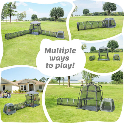 Catio Outdoor Cat Enclosure Combo for Indoor and Outdoor,3 Tier Cage Inside,Pop up Catio,Portable and Foldable(Includes cat Tower Tent, Tunnel and cage) Plus 2 cat Tunnel +1 Cube