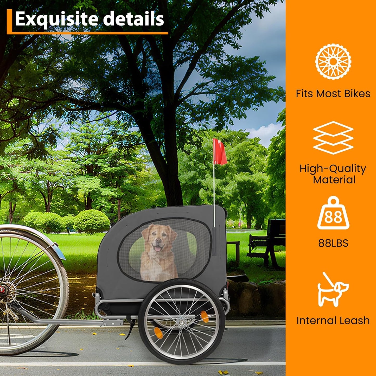 Dog Bike Trailer, Pet Cart Bicycle Carrier with Oxford Fabric, 88Lbs Capacity Folding Dog Carrier, 16" Air Tires, Adaptive Bicycle Coupler
