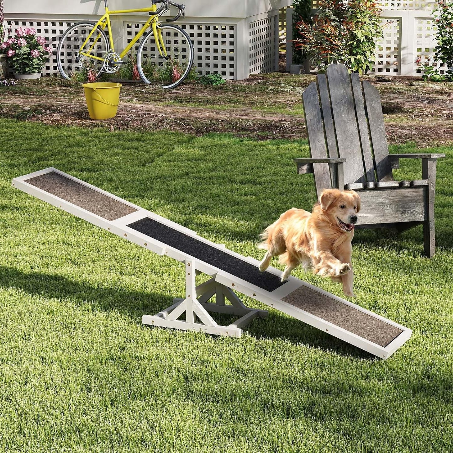 PETSITE Wooden Dog Agility Seesaw, Dog Exercise & Play Set, Outdoor Run Game Toy, Climbing Platform Balance Training Equipment, Weatherproof Pet Supplies for Backyard Obstacle Courses (White)
