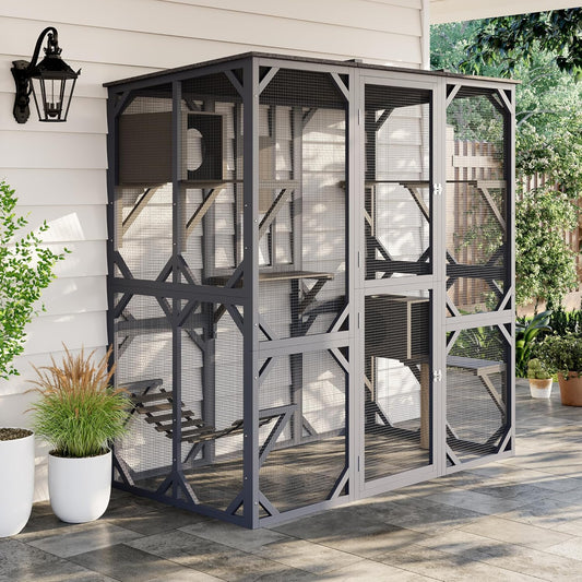 70 Inch Outdoor Walk-in Cat Enclosure with Window, Waterproof Roof Cattery with Bridge and Scratching Post Outdoor Patio Cat Playpen, Grey