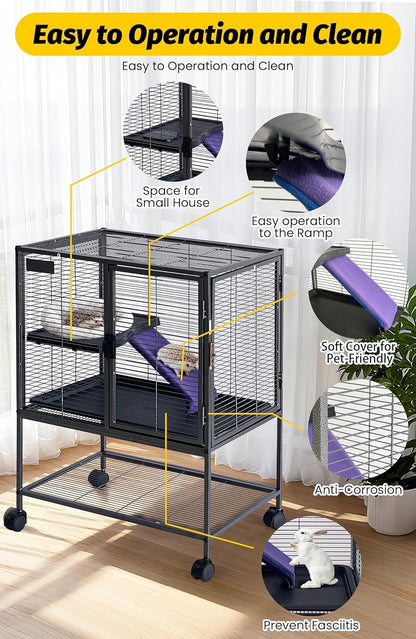 34 Inch High Small Animal Cage for Ferrets, Chinchillas, Hedgehogs - 4 Tier Large Hamster Cage with Removable Ramp, Comfortable Hammock, Extra Storage Stand, and Easy-to-Clean Removable Tray