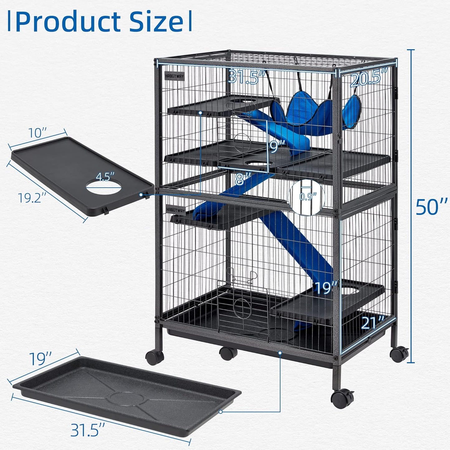 HABUTWAY 50''H Metal Small Animal Cages, Rolling Chinchilla Cage with Removable Ramps, Lagre Critter Nation Cage for Chinchillas/Guinea Pigs/Rabbit, Ferret Cages with Hammock & 5 Tiers, Black