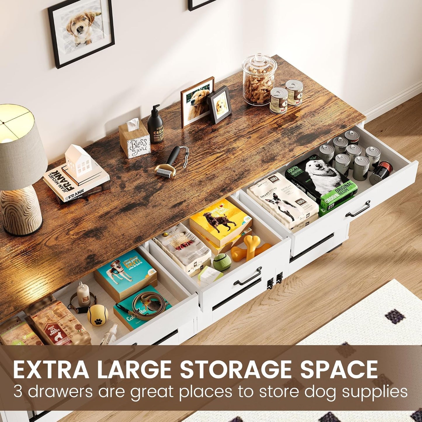 71'' Dog Crate Furniture, Wooden Indoor Dog Kennel for 2 Dogs with 3 Drawers and Removable Room Divider, XXL Double Dog Crate TV Stand End Table with Double Doors for Large Medium Dogs