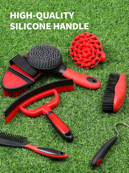 Harrison Howard Horse Grooming Kit 9-Piece Equine Care Series Horse Brush Sets with Organizer Tote Bag Tack Room Supplies Shedding Grooming Massaging Tools Red