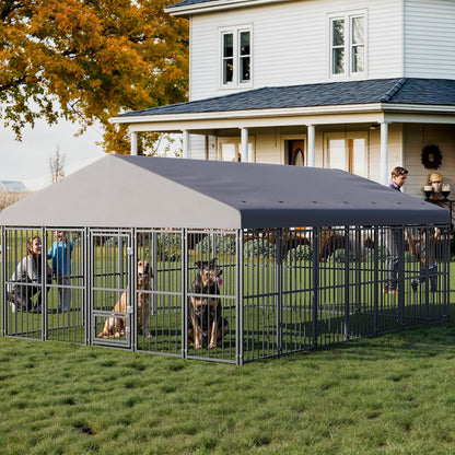 10x14FT Outdoor Dog Kennel, Heavy Duty Dog Run Enclosure with Feeding Door, Large Outside Dog Kennel with Roof & Double Locks for Pets House