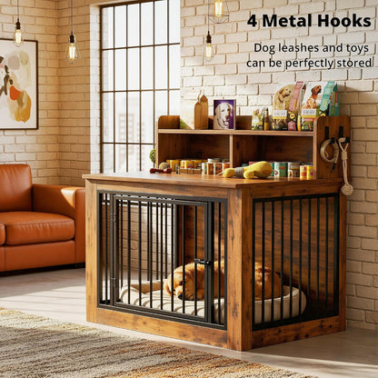 IRONCK Extra Large Dog Crate Furniture, 43.3 inches Wooden Dog Crate with Storage and 4 Hooks, Heavy Duty Pet Crate for Large Dog, Decorative Pet Cage for Indoor (30" L x 43.3" W x 41.1" H)