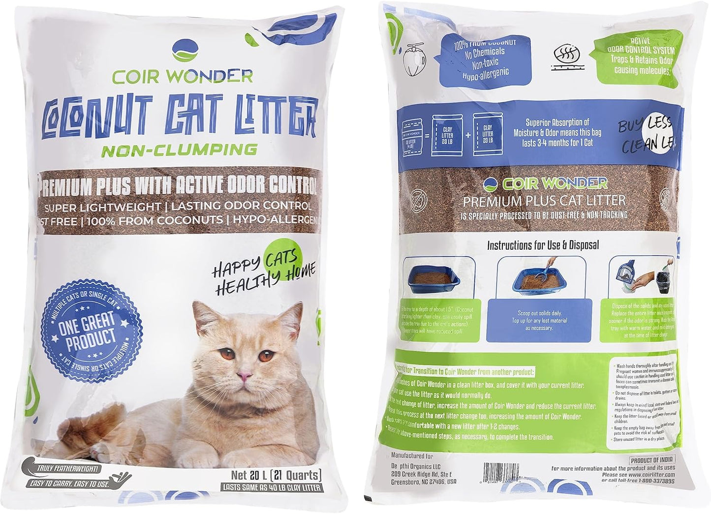 Coconut Husk Cat Litter – Lightweight, Natural & Non-Clumping - Coconut Coir Litter for Cats, Pets & Chicken Coops - Low Dust, Activated Charcoal Odor Control, Biodegradable