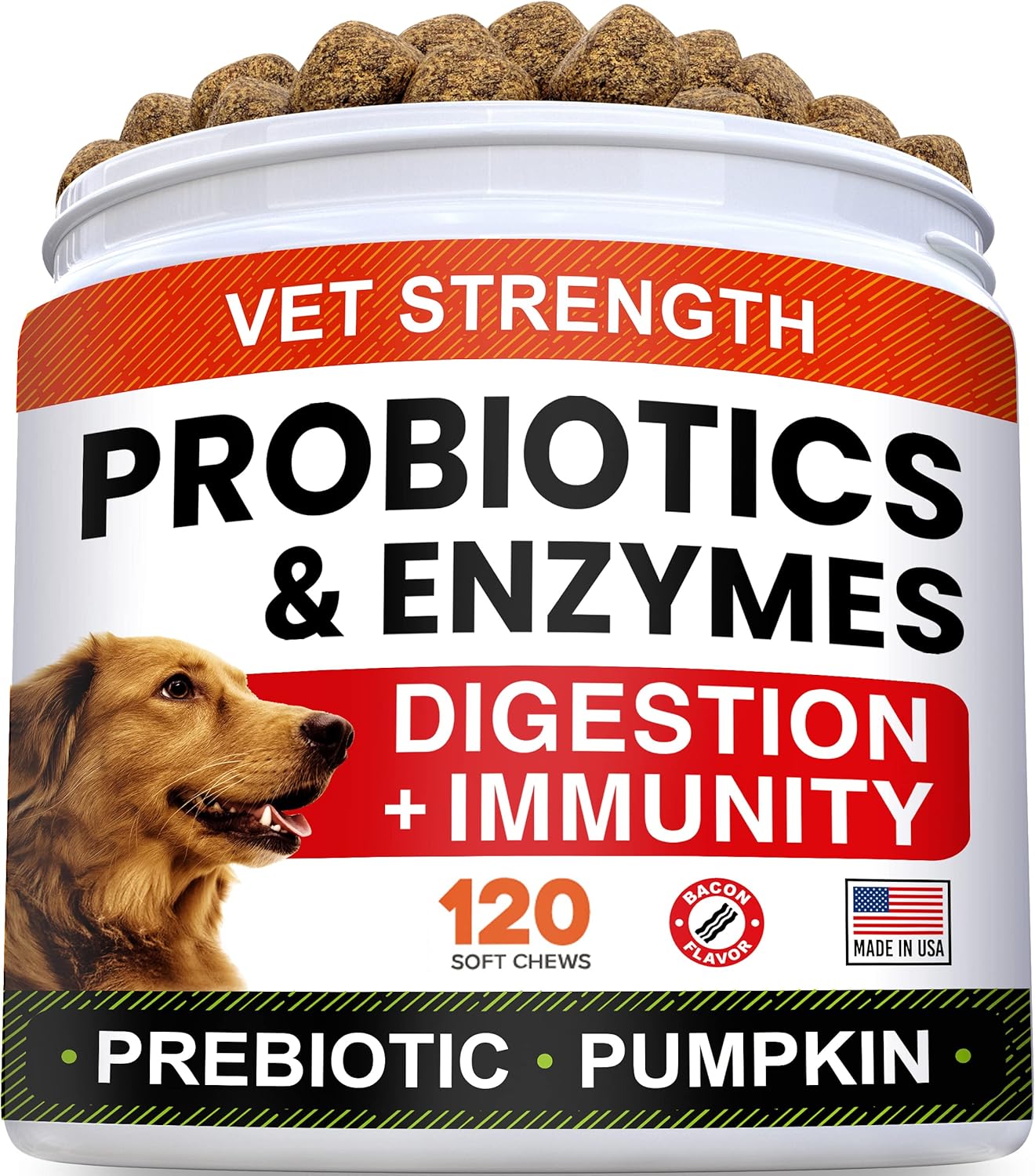 Vet Strength Dog Probiotics Treats + Digestive Enzymes + Prebiotics - Chewable Fiber w/Pumpkin - Allergy, Diarrhea, Gas, Constipation - 120Ct (Pack of 1) Bacon