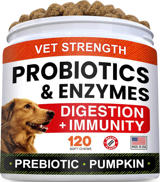 Dog Probiotics for Digestive Health & Enzymes - Diarrhea, Gas, Upset Stomach Relief - Pet Probiotics for Dogs & Cats - Chews for Digestion - 120Ct (Pack of 1) Duck