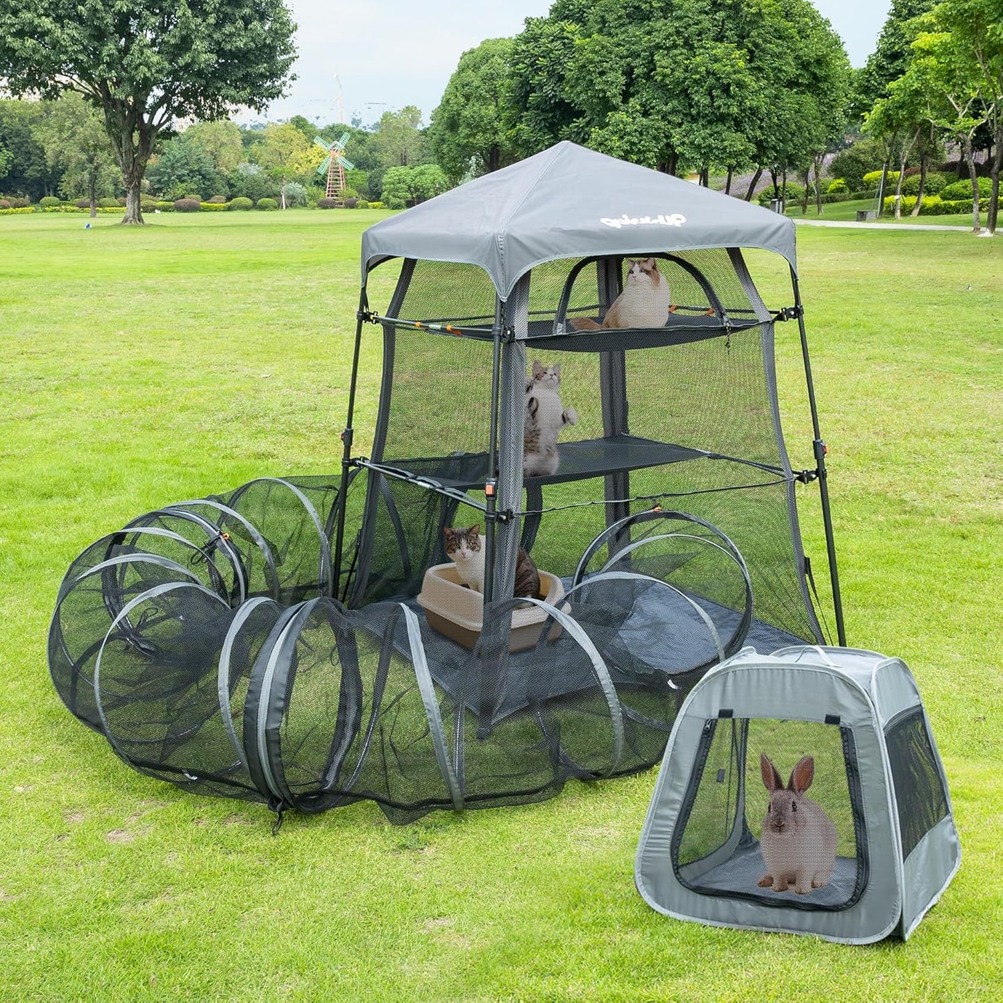 Large Outdoor Cat Enclosure for Indoor and Outdoor, 3 in 1 Cat Tower Tent with Tunnel and Pop Up Cage,Portable Catio with Waterproof Floor and 3 Doors (Includes Kitten Toys)+ Run Tunnel(2Pack)