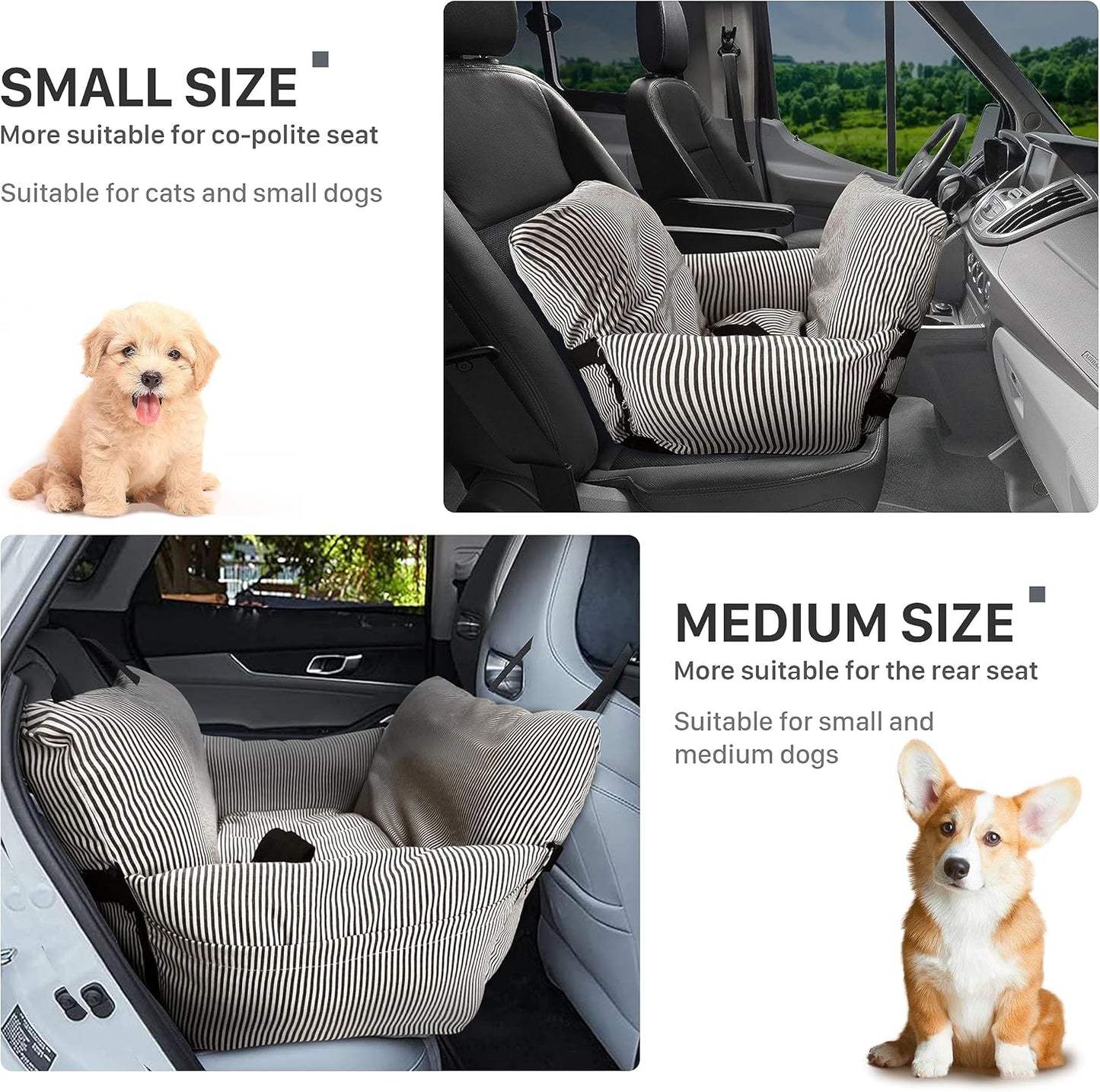 Dog Car Seat for Large/Medium Dogs Under 60 lbs Cats 2 in 1 Booster Seats Dog Bed for Car and Home Safety Travel Carrier with Pockets, Brown Stripes, 30''x 21''x 16"