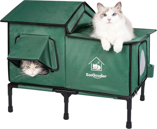 Cat Houses for Outdoor Cats, Outdoor Cat House Weatherproof with Insulation Layer for Warm, Foldable Cat Shelter, Cave Beds for Pets Up to 55lbs for Garden, Patio, or Backyard (Green-L)