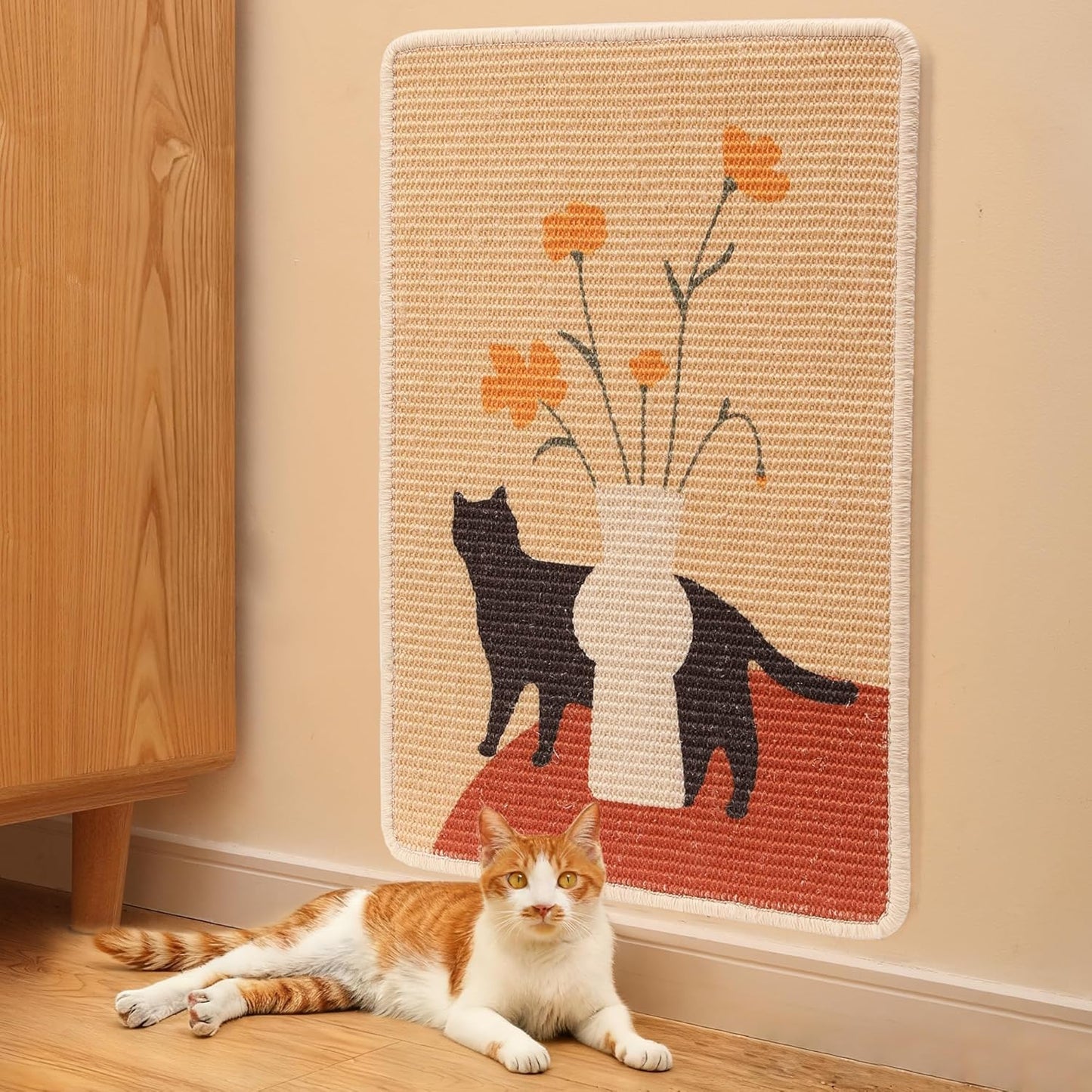 FUKUMARU Sisal Cat Scratching Mat, 23.6 x 15.7 Inch Natural Sisal Cat Scratch Pad Mats for Indoor Cats, Horizontal Cats Wall Scratcher Kitten Floor Rug with Sticky Tapes, Furniture Protector(Flower)