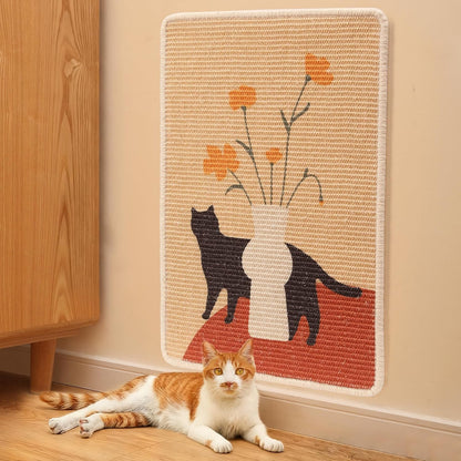 FUKUMARU Sisal Cat Scratching Mat, 23.6 x 15.7 Inch Natural Sisal Cat Scratch Pad Mats for Indoor Cats, Horizontal Cats Wall Scratcher Kitten Floor Rug with Sticky Tapes, Furniture Protector(Flower)