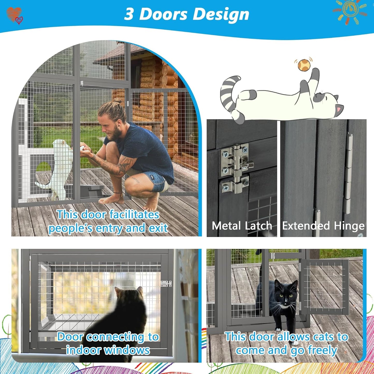 Outdoor Wooden Cat Catio,Large Walk-in Solid Wood Cats Enclosure with 2 Jumping Platforms & 7 Cozy Napping Houses,Weatherproof Flat Roof,Indoor/Outdoor Cat Playpen and Kennel Shelter,75.6" H Gray