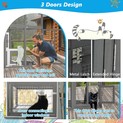 Outdoor Wooden Cat Catio,Large Walk-in Solid Wood Cats Enclosure with 2 Jumping Platforms & 7 Cozy Napping Houses,Weatherproof Flat Roof,Indoor/Outdoor Cat Playpen and Kennel Shelter,75.6" H Gray