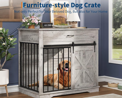 37.8" W Dog Crate Furniture for Small/Medium Dogs, 2-in-1 Iron-Wood Fusion Dog Cage Indoor As Side End Table, Farmhouse Dogs Kennel with Sliding Barn Doors & Storage Drawer, Grey