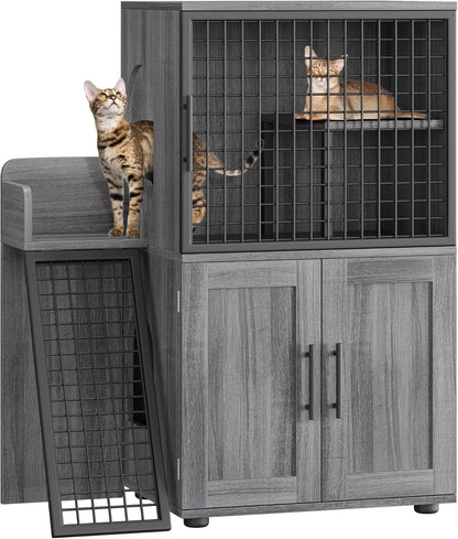 Modern Cat Litter Box Enclosure Furniture with Platform, 41.9" Double Layer Hidden Cat House with Ladder, Indoor Washroom Villa Cabinet for Large Cats, Wax Wood Color