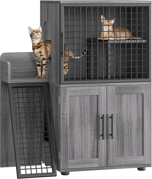 Modern Cat Litter Box Enclosure Furniture with Platform, 41.9" Double Layer Hidden Cat House with Ladder, Indoor Washroom Villa Cabinet for Large Cats, Wax Wood Color