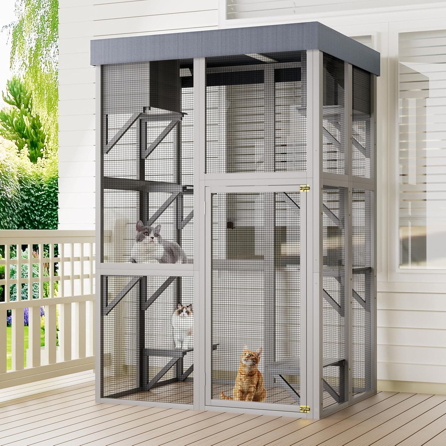70.5" H Catio Outdoor Cat Enclosure,Cat House with Waterproof Roof and Large Enter Door,Wooden Shelter W/ 6 Jumping Platforms & 2 Napping Houses,Cats Cage for Walk in Kitten Kennel,Gray