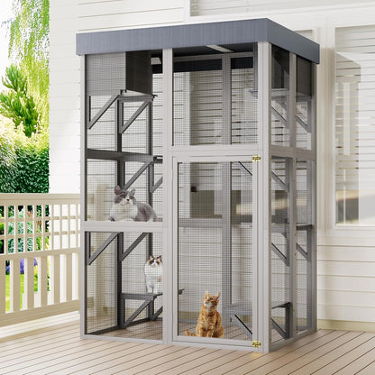 70.5" H Catio Outdoor Cat Enclosure,Cat House with Waterproof Roof and Large Enter Door,Wooden Shelter W/ 6 Jumping Platforms & 2 Napping Houses,Cats Cage for Walk in Kitten Kennel,Gray