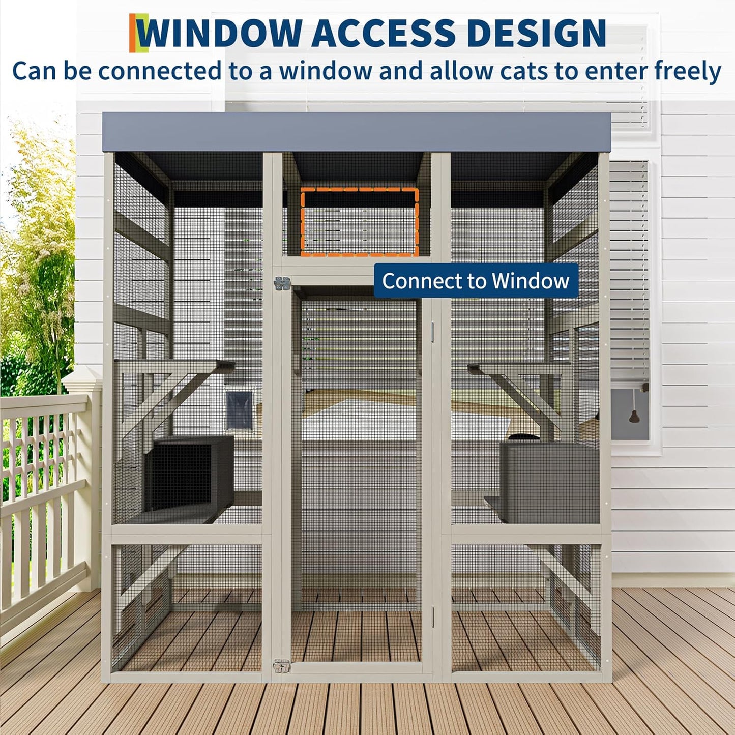 70'' Large Catio Outdoor Cat Enclosure with Perches and Condos, Wood Cat Patio with Waterproof Roof, Feral Cats Shelter 5 Platforms & 2 Resting Box, UV-Resistant Cover Roof