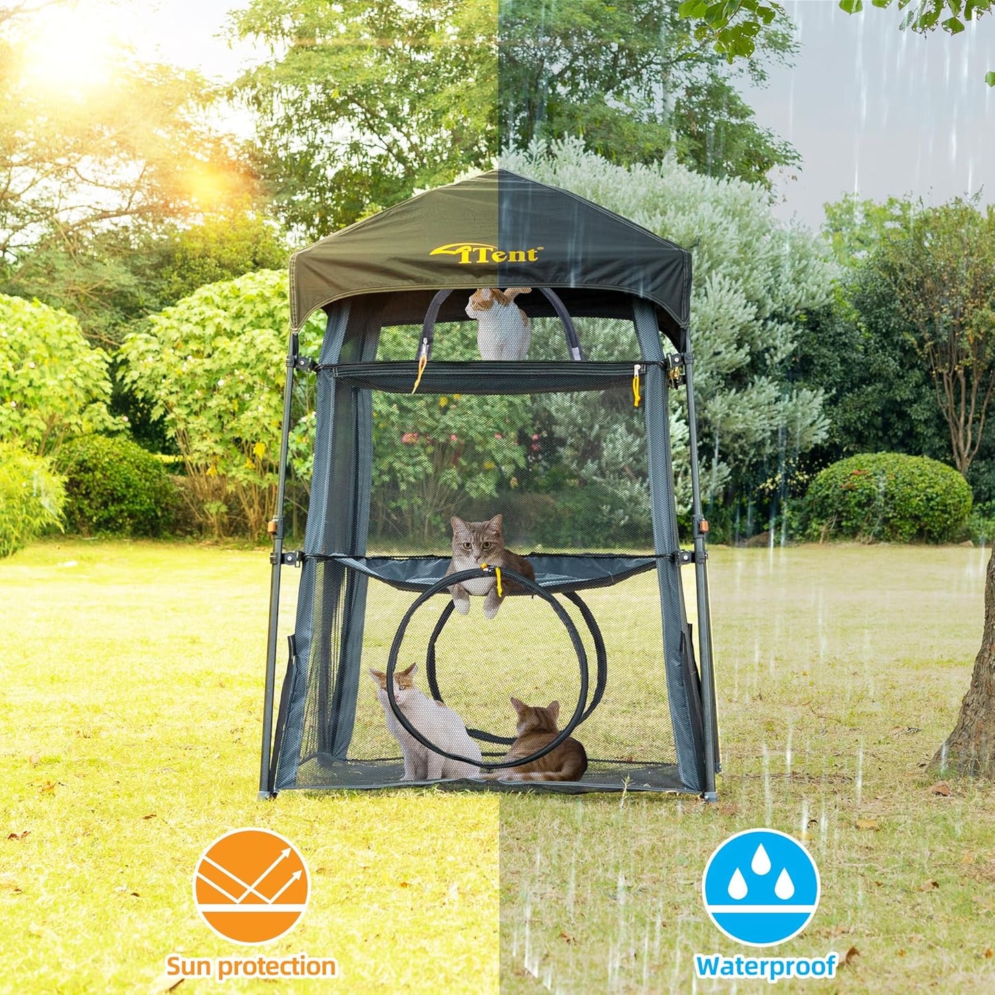 Extra Large Catio Outdoor Cat Enclosure,3 Tier Cat Tower Tent Weatherproof & Sunproof with 3 Doors(with Two Kinds of Canopies), Foladable and Portable Plus 3 Run Tunnels