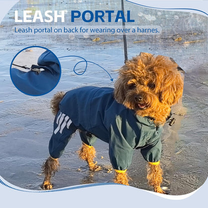 Dog rain Coat with Leash Hole and Reflective Strap - Adjustable Drawstring for Small Medium Dogs - Full-Body Coverage Water Resistant Jacket (Blue, Large)