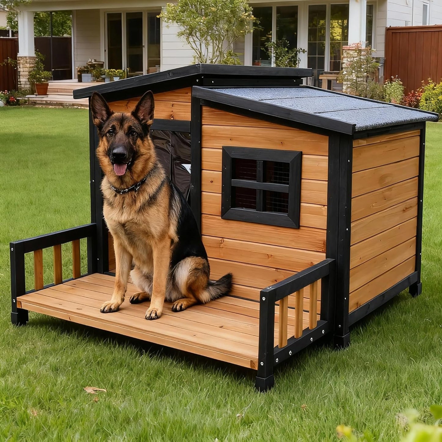Large Indoor Outdoor Dog House,Wood Insulated Dog House,Weatherproof Outside Shelter with Elevated Floor,Easy to Assemble(39.3" L x 37.5" W x 30" H)