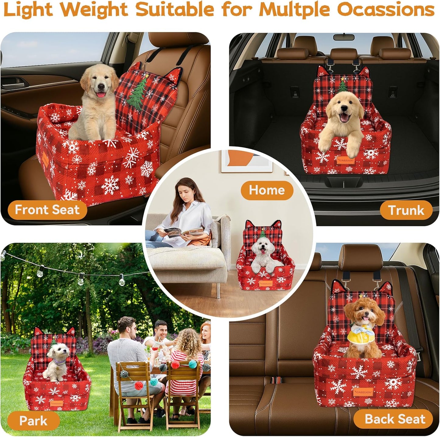 Christmas Dog Car Seat for Small/Medium Dogs Up to 35lbs,Elevated Cushion Fits in Front/Back Seat,Travel Safety Per Car Bed with Washable Removable Cover, Storage 2 Pockets Christmas Tree
