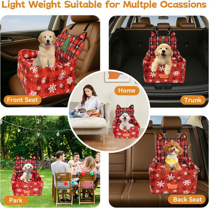 Christmas Dog Car Seat for Small/Medium Dogs Up to 35lbs,Elevated Cushion Fits in Front/Back Seat,Travel Safety Per Car Bed with Washable Removable Cover, Storage 2 Pockets Christmas Tree
