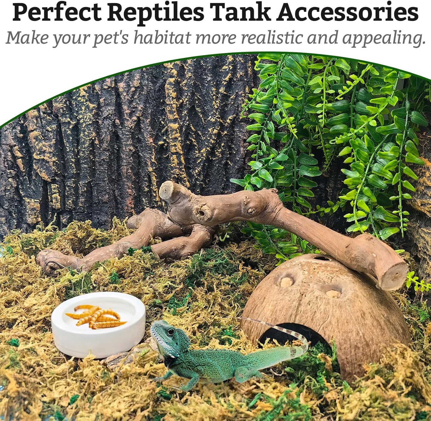 VCEPJH Snake Climbing Branch, 2Pcs Reptile Wood Natural Cork Log and 4 Pcs Reptile Plants, Climbing Wood Branch Terrarium Hanging Fake Plant Leaves for Snake Leopard Gecko Lizard Chameleon