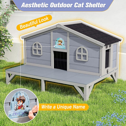 Outdoor Feral Cat House, Large Wooden Outside Cat Shelter with Balcony, Sloped Weathproof Roof, Elevated Legs, Escape Doors, Grey