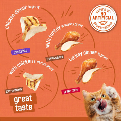 Purina Friskies Wet Cat Food Gravy Variety Pack, TurChicken Extra Gravy Chunky, Meaty Bits and Prime Filets - (Pack of 80) 5.5 oz. Cans