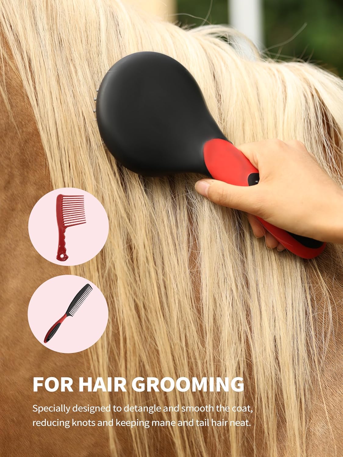 Harrison Howard Horse Grooming Kit 9-Piece Equine Care Series Horse Brush Sets with Organizer Tote Bag Tack Room Supplies Shedding Grooming Massaging Tools Red