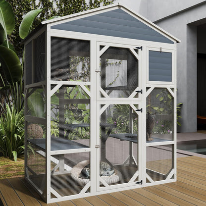 71" Large Wood Catio Outdoor Cat Enclosure, Outdoor Cat Cage with Weatherproof Roof,Wooden Walk in Cat Shelter 3 Platforms & 2 Resting Box (Brown+White)