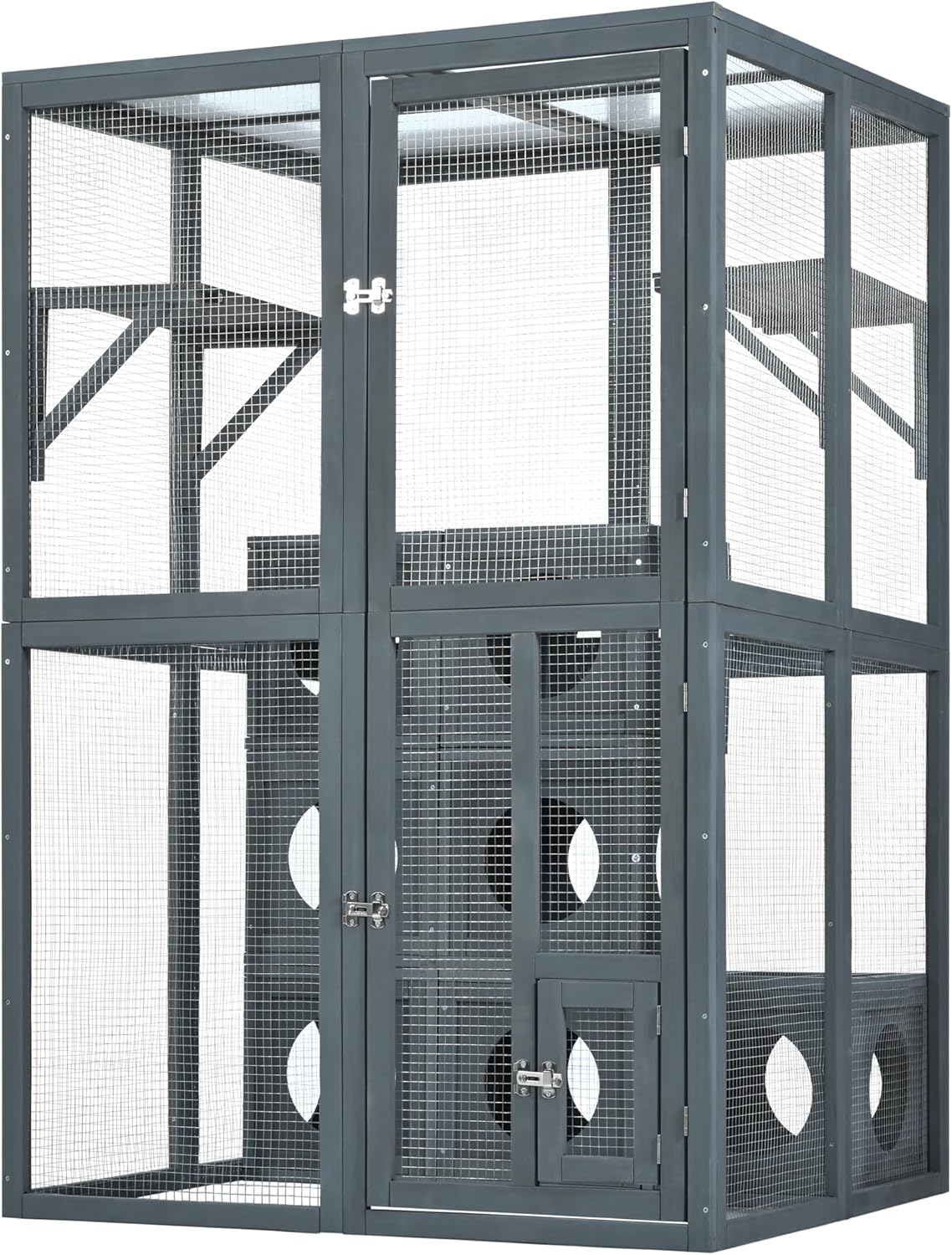 68.90" H Catio Outdoor Cat Enclosure Large, Tall Wooden Cat House with Weatherproof Roof, Cat Cage Playpen with 2 Multiple Platforms & 7 Removable Wood Boxes, for Cats, Grey