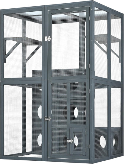 68.90" H Catio Outdoor Cat Enclosure Large, Tall Wooden Cat House with Weatherproof Roof, Cat Cage Playpen with 2 Multiple Platforms & 7 Removable Wood Boxes, for Cats, Grey