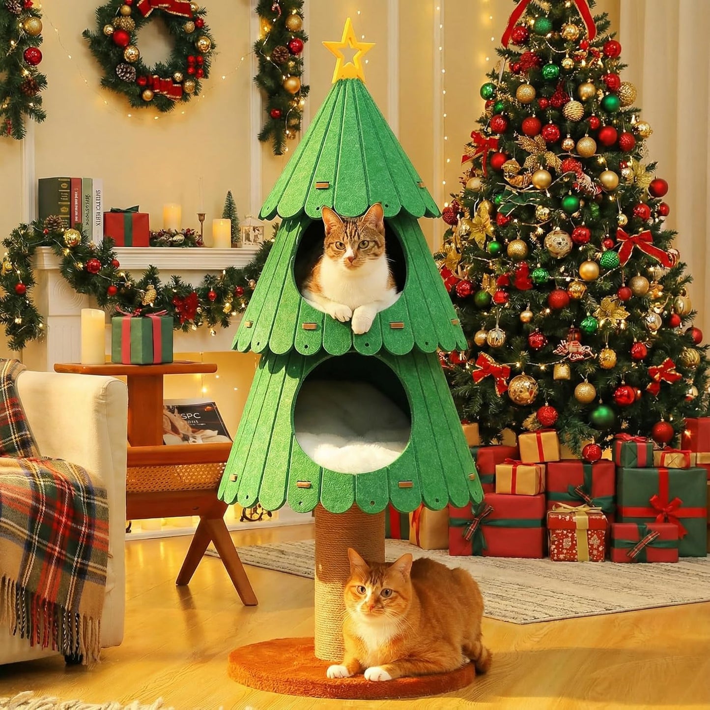 42.9 Inch Christmas Cat Tree for Indoor Cats, Cute Cat Tower with 2 Cozy Houses, Holiday Kitty Climbing Furniture for Kittens to Play and Sleep