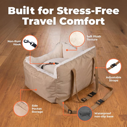 Best Pet Supplies Elevated Dog Car Seat for Small Dogs, Booster Seat with Safety Tether & Storage, Washable Travel Pet Seat for Front or Back Seat, Up to 25 lbs - Brown - 21 x 20 x 14