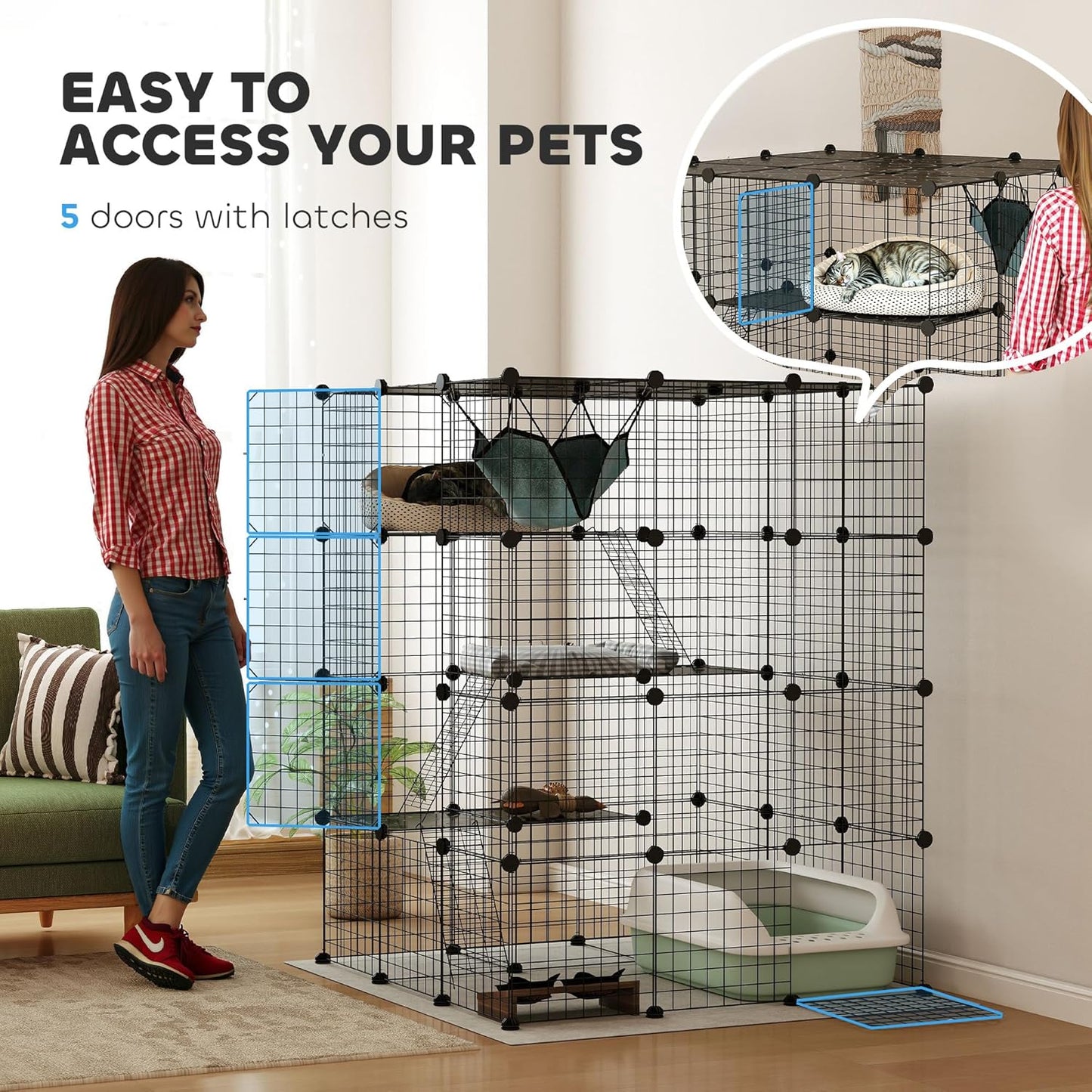 PawHut Cat Cage Indoor, DIY 4 Tier Cat Enclosure with Hammock, 3 x 3 x 4 Detachable Wire Cat Kennel with Ramps, Jumping Platforms, Doors, for 1-3 Cats, 41" L x 41" W x 55" H, Black