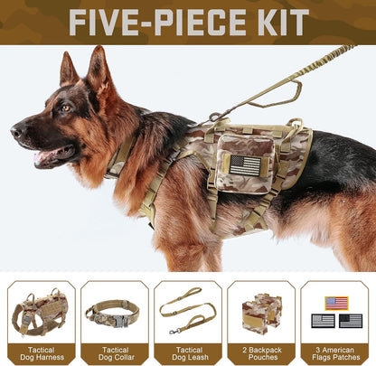 Forestpaw Tactical Dog Harness Tactical Dog Collar with Bungee Leash Set,No Pull Military Dog Harness for Walking Training,Adjustable for Medium Large Dogs,Camouflage Brown,Chest 21.5-45"