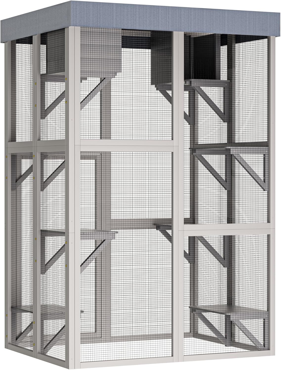 70.5" H Catio Outdoor Cat Enclosure,Cat House with Waterproof Roof and Large Enter Door,Wooden Shelter W/ 6 Jumping Platforms & 2 Napping Houses,Cats Cage for Walk in Kitten Kennel,Gray