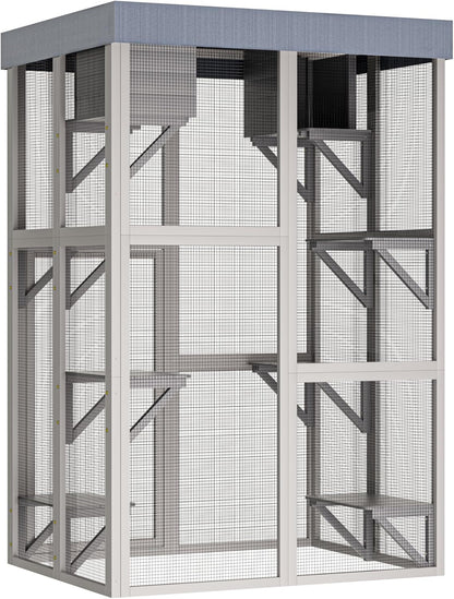 70.5" H Catio Outdoor Cat Enclosure,Cat House with Waterproof Roof and Large Enter Door,Wooden Shelter W/ 6 Jumping Platforms & 2 Napping Houses,Cats Cage for Walk in Kitten Kennel,Gray