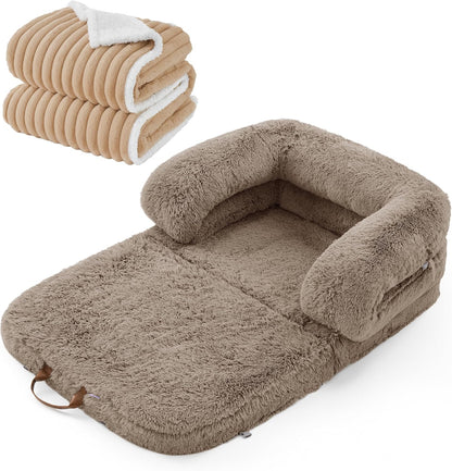 LE SURE Foldable Human Dog Bed 3 in 1 Taupe 68in with Bedsure Waterproof Dog Blankets for Large Dogs 60"x80", Tuscan Beige