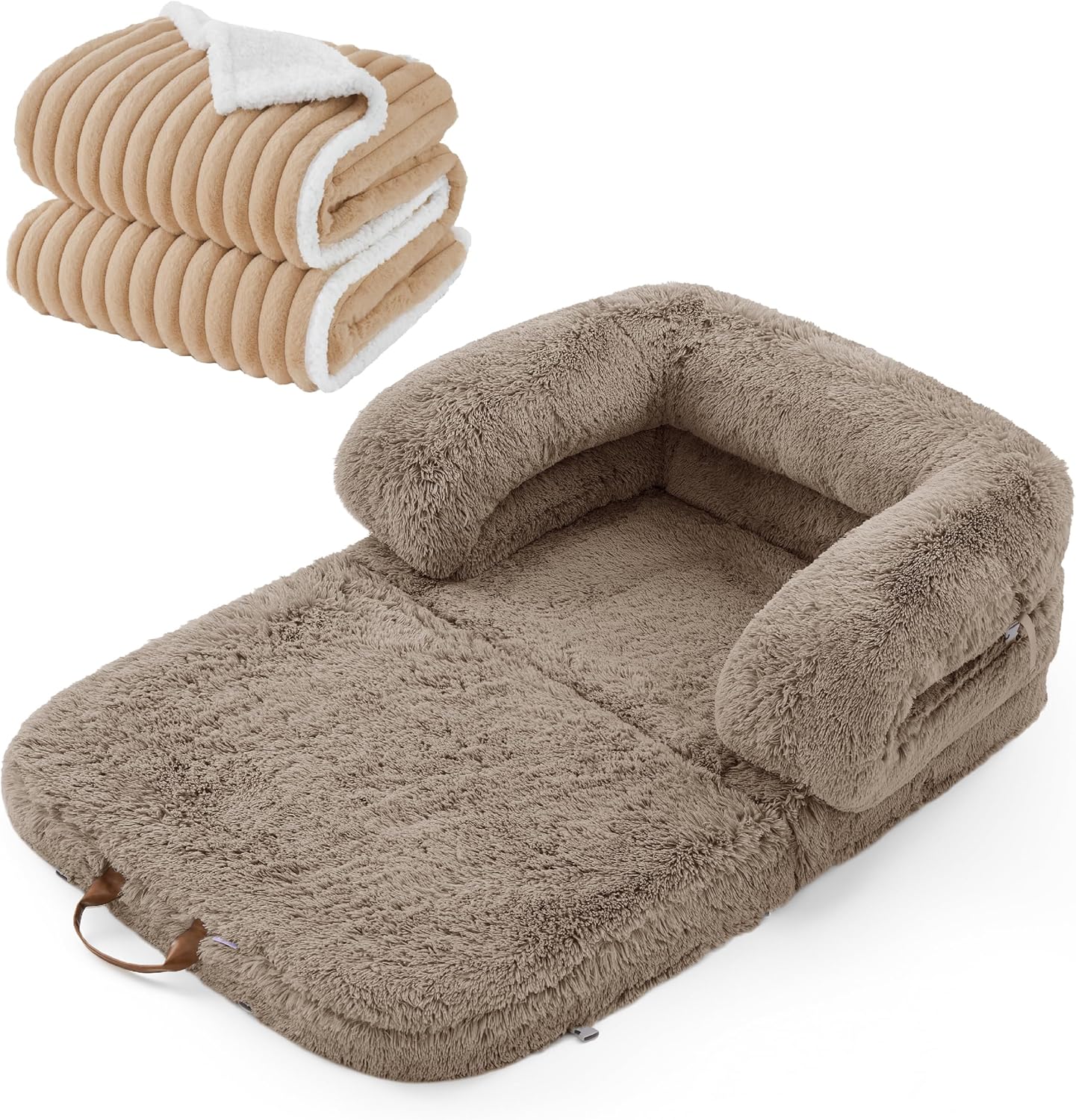LE SURE Foldable Human Dog Bed 3 in 1 Taupe 68in with Bedsure Waterproof Dog Blankets for Large Dogs 60"x80", Tuscan Beige